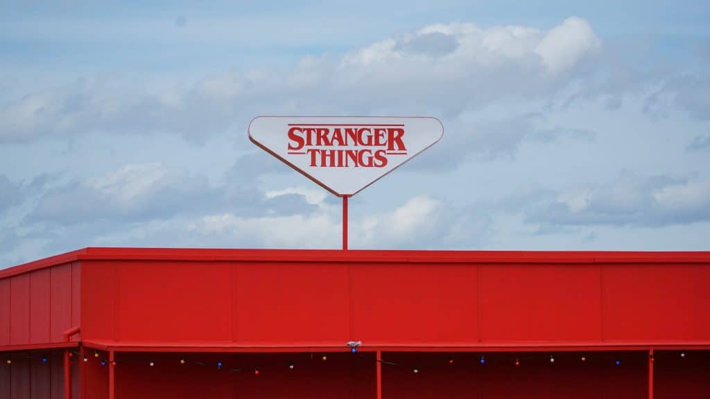 A building with a "Stranger Things" sign on the roof