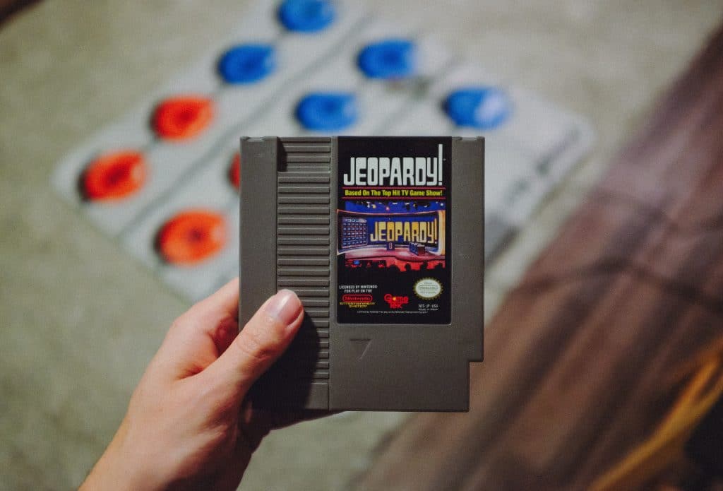 A nintendo cartridge with the Jeopardy game