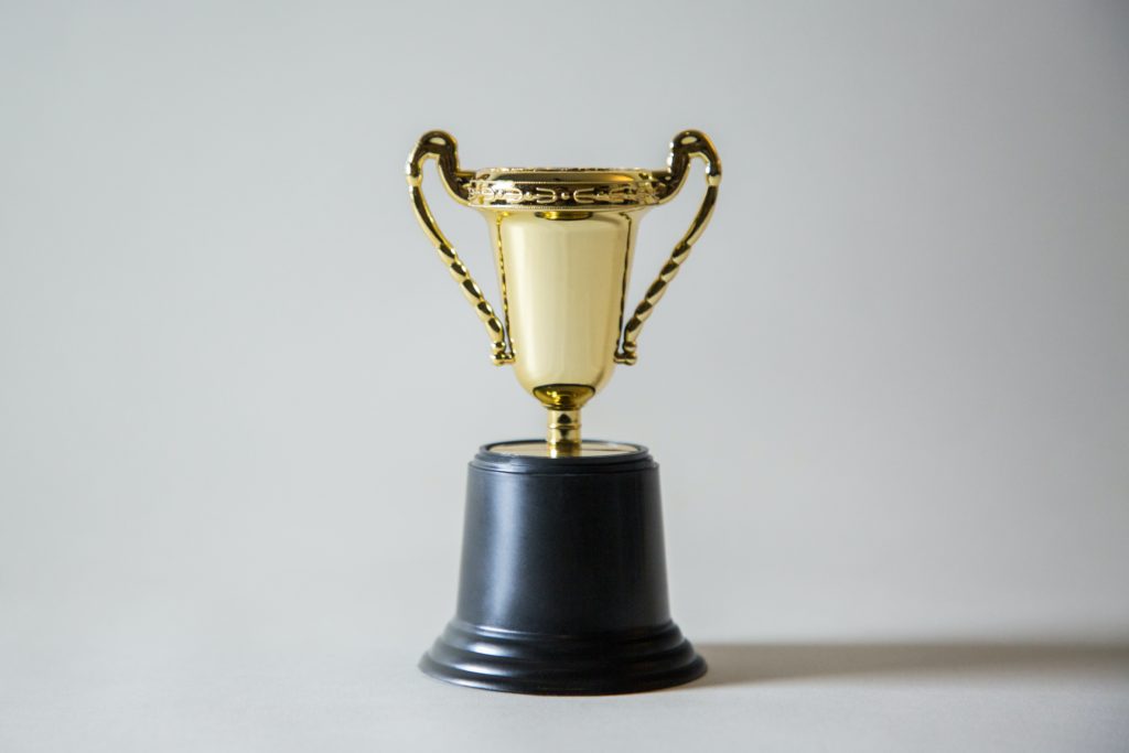 Close-up of a gold trophy.
