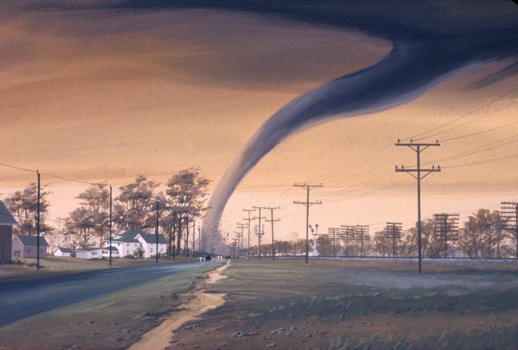Artist's rendition of a tornado destroying a structure.