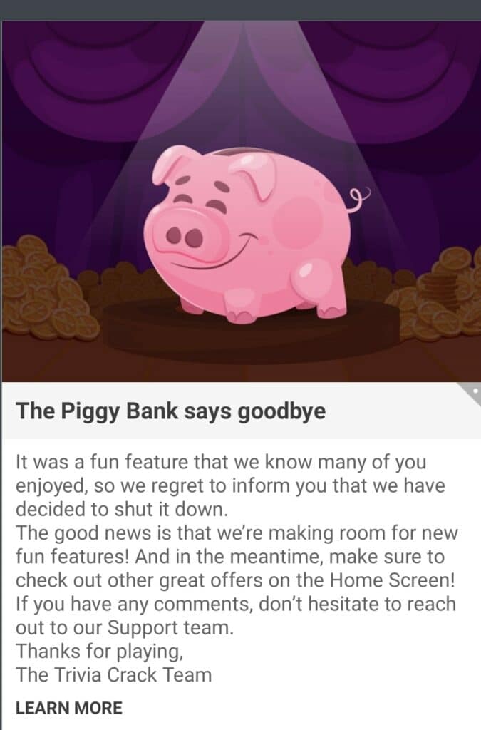 Screenshot of Etermax's official post removing the piggy bank feature