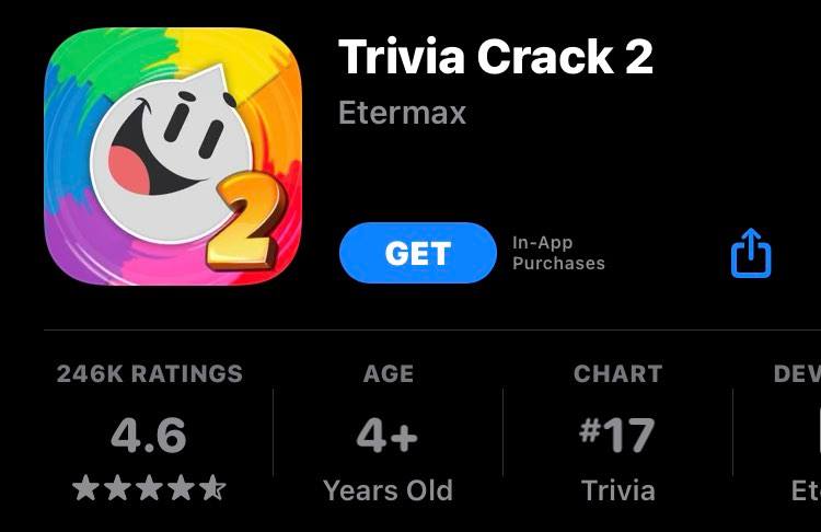Fig 2. Screenshot taken by Jamie Rotante from the Apple app store of Trivia Crack 2, Etermax, 2021