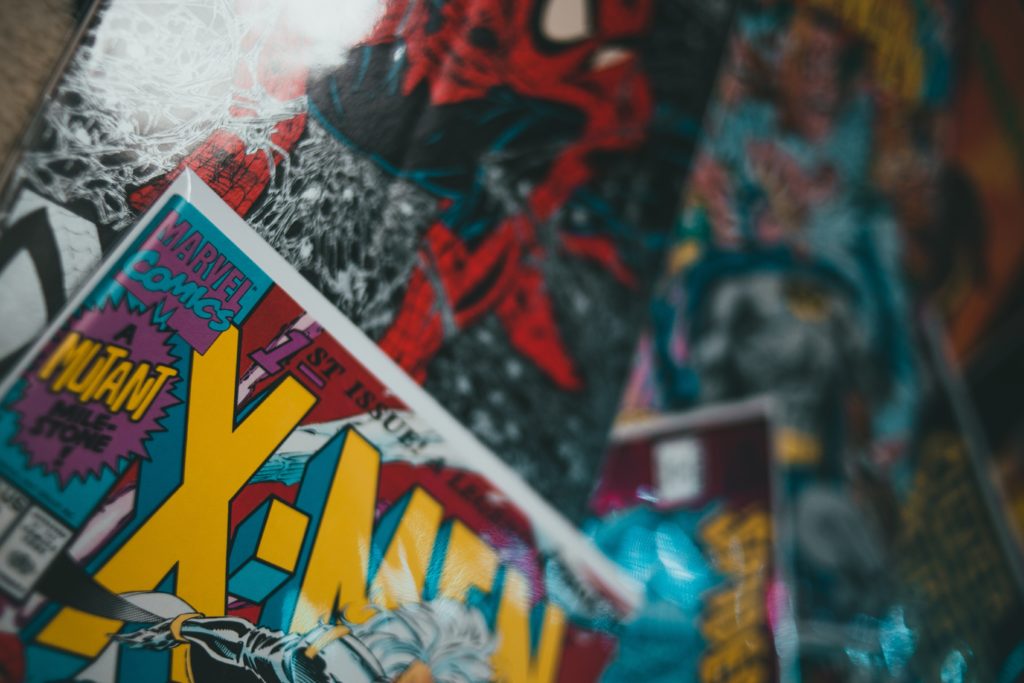Close up of a comic book collection