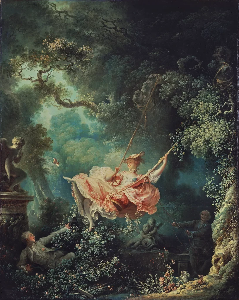 Famous Fragonard oil painting of a girl in a pink dress on a swing