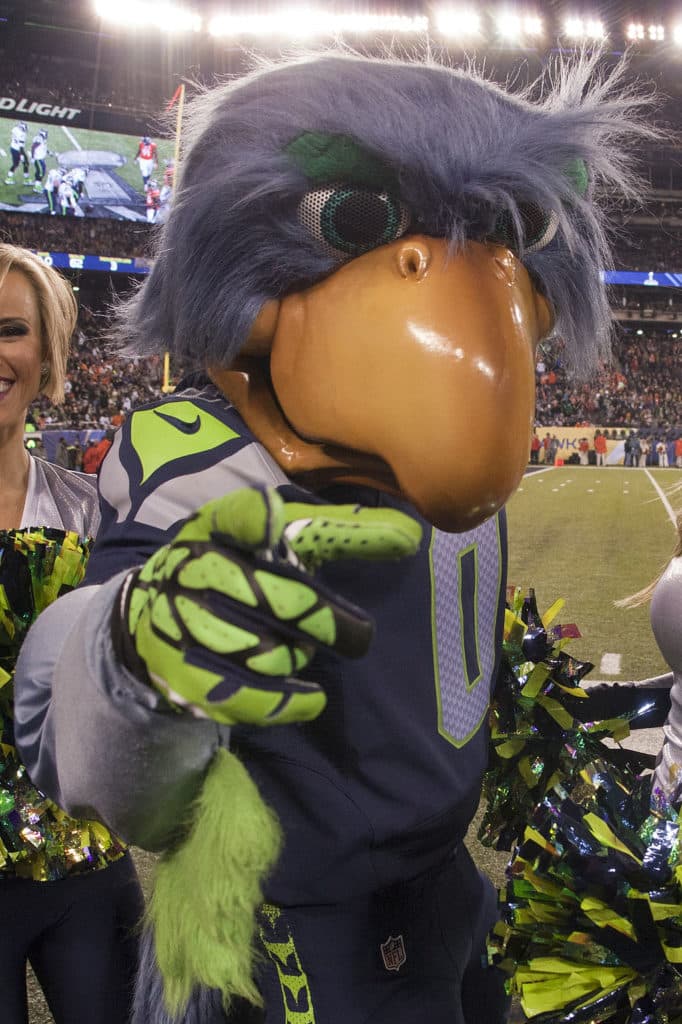 Seattle Seahawks mascot and cheerleaders at Super Bowl XLVIII.
