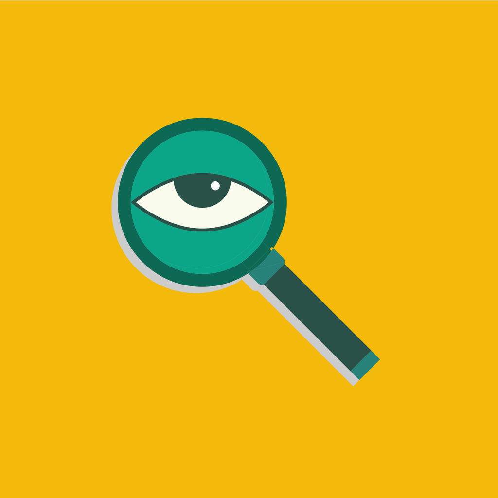 Vector image of a green magnifying glass displaying an eye against a yellow background