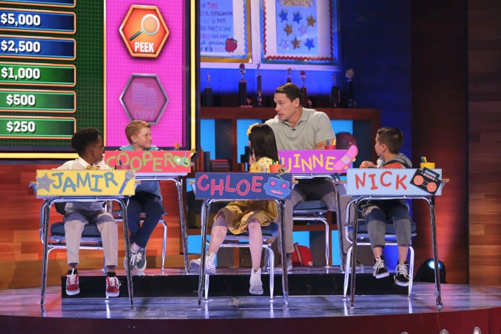 John Cena and kid contestants on the set of Are You Smarter Than a Fifth Grader? 