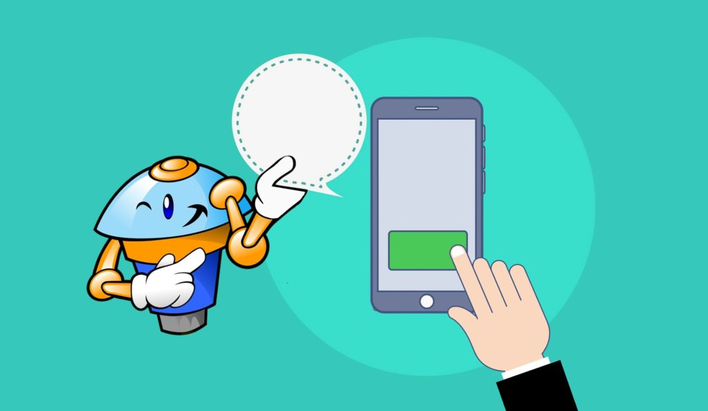 Illustration of a person texting on a phone while a bot holds up a word balloon