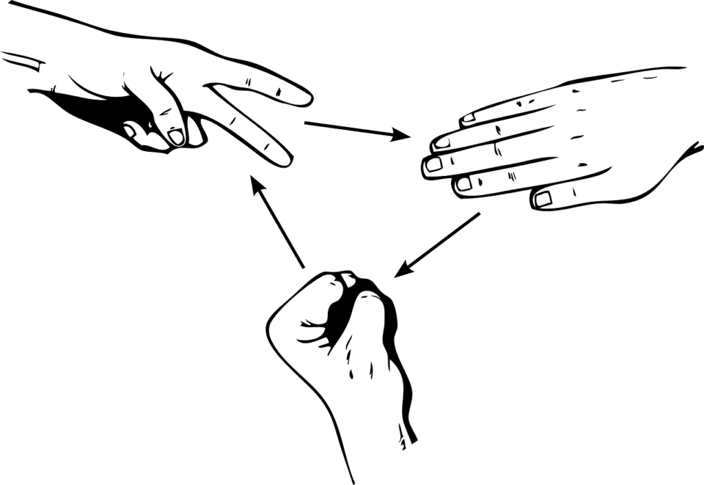 Black and white illustration of three hands playing a game of rock, paper, scissors. 