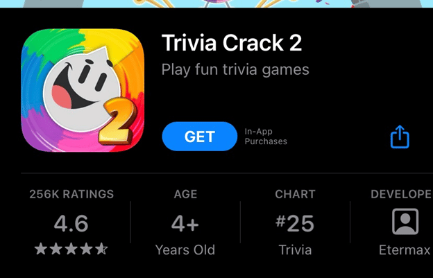 Fig. 2. Screenshot taken by Elaine Rand from the Apple App Store of Trivia Crack 2, 2022.