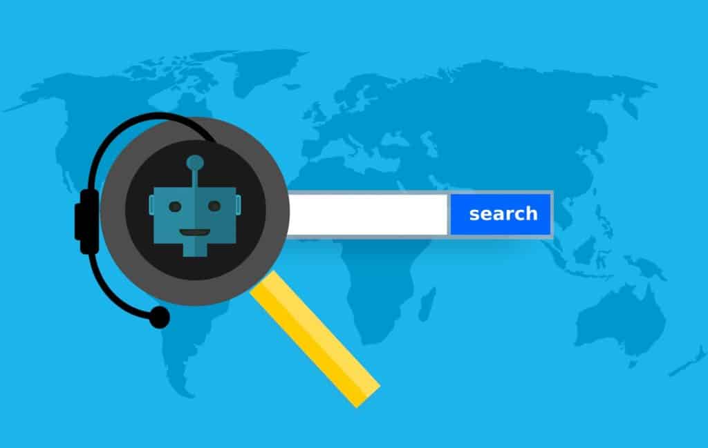 Illustration of a robot next to a search bar on top of a map