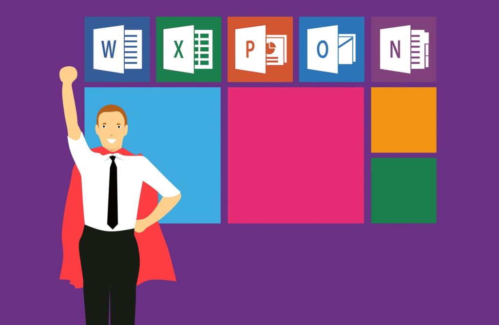 Illustration of a professional man in a cape raising his hand in front of a screen displaying different Microsoft Office programs