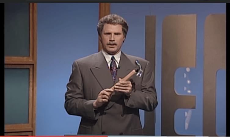 Will Ferrell as Alex Trebek holding a hammer on SNL's Celebrity Jeopardy, 1998.