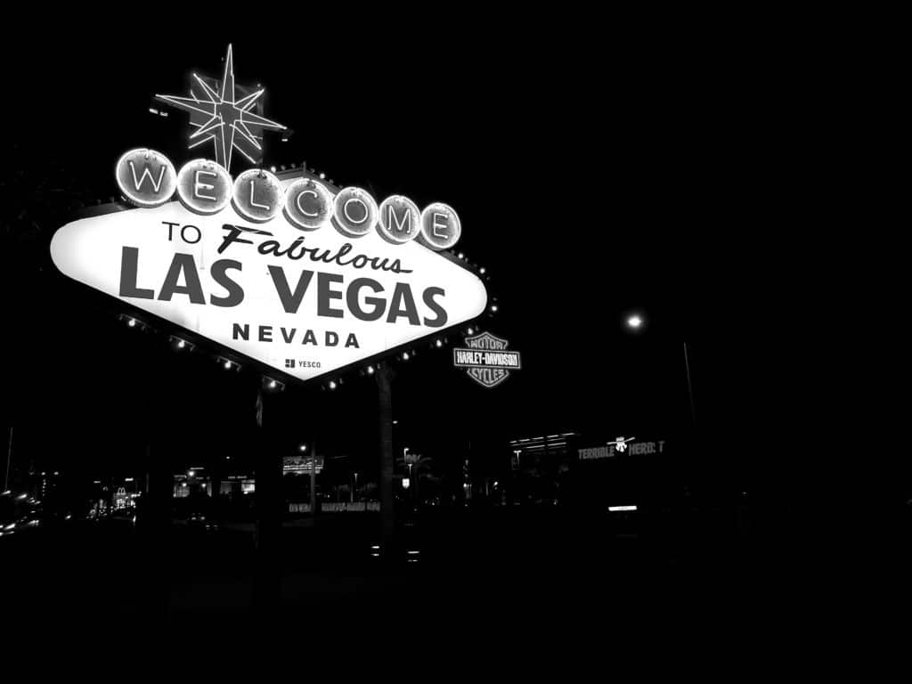 Black-and-white photo of the Welcome to Fabulous Las Vegas sign