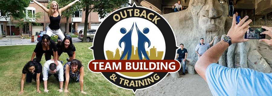 Two photos of teams engaging in team-building activities with the Outback Team Building & Training logo 