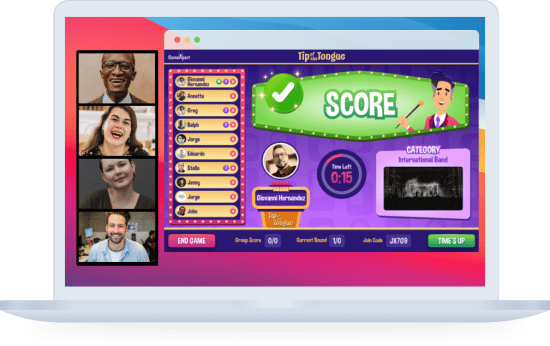 Illustration of a laptop displaying the Game Apart virtual trivia home screen