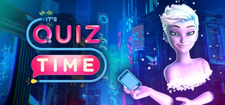 Art for It's Quiz Time PC game, featuring an illustration of a woman with short white and blue hair holding a smartphone.