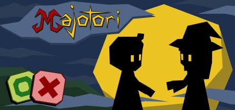 Majotori game logo, featuring silhouettes of a small boy and a small witch against a moon and sky background