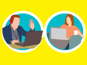 Illustration of a man and a woman video chatting on their laptops, against a yellow background