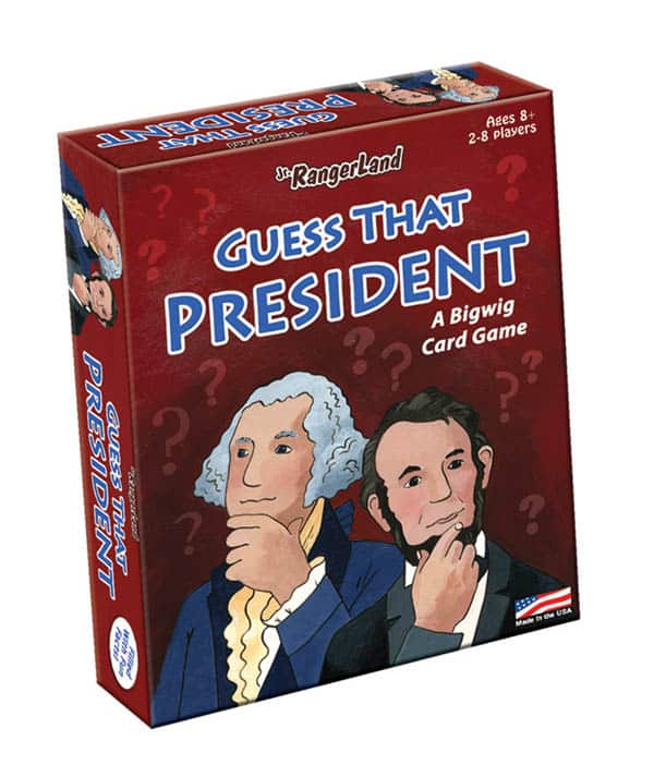 Box for Guess That President card game. Features a drawing of Abraham Lincoln and George Washington thinking.