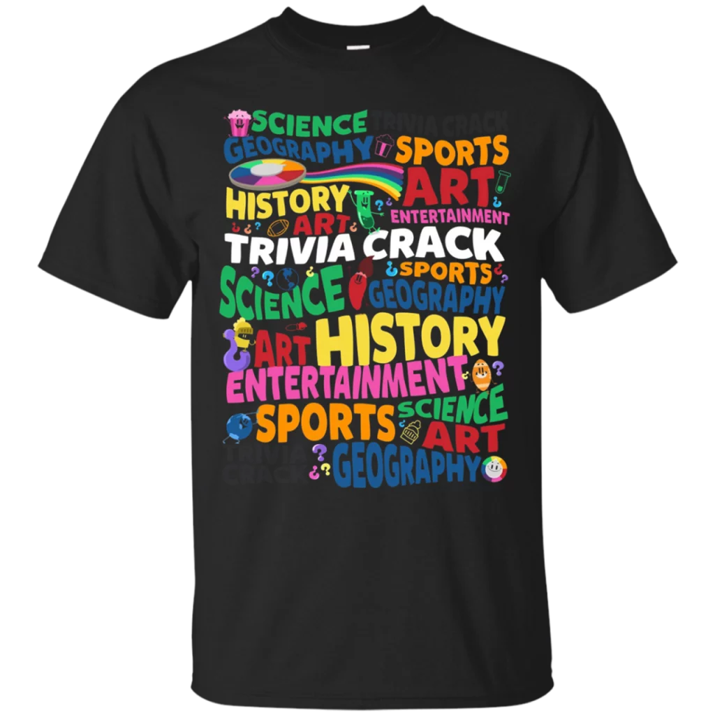 Photo of a black t-shirt listing all the categories in Trivia Crack 