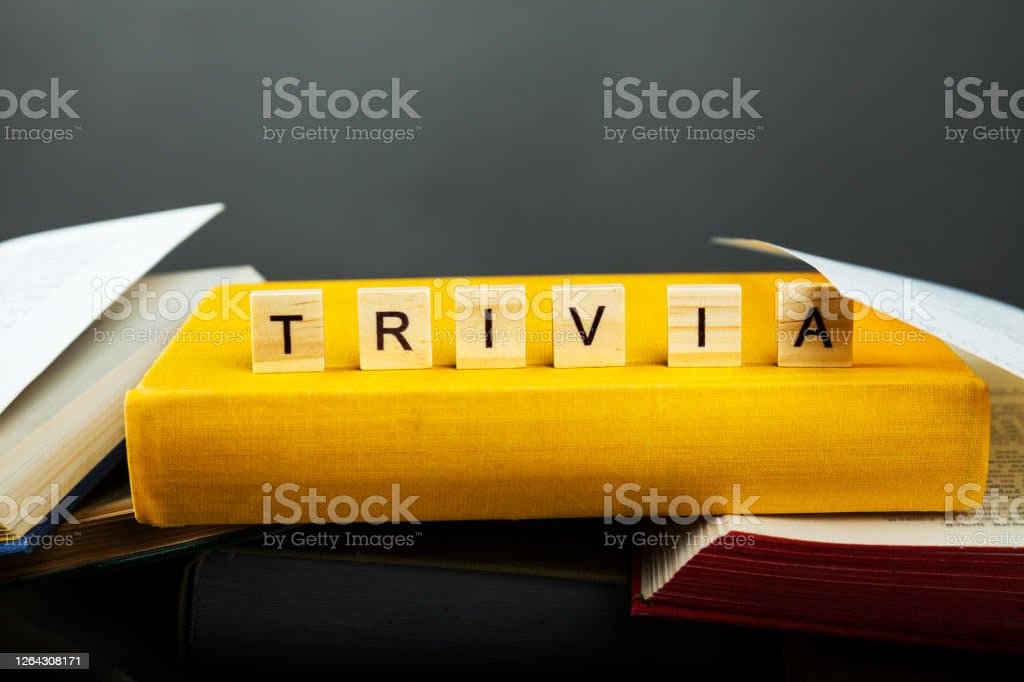 An image of six Scrabble-inspired tiles spelling “trivia”, standing atop the edge of a closed yellow book. 