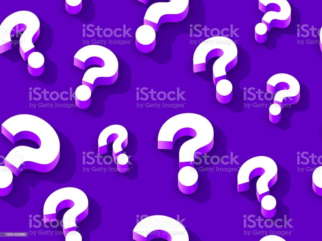 A digital illustration of question marks can be seen popping up at random atop a purple background.