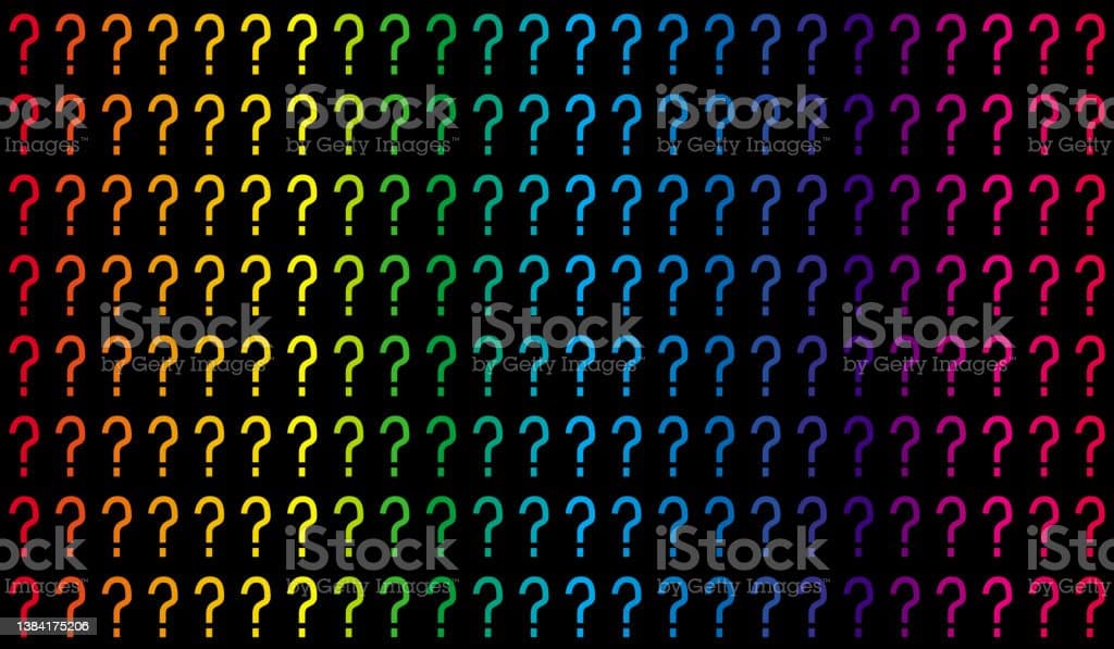Multiple question marks in a rainbow gradient against a black background
