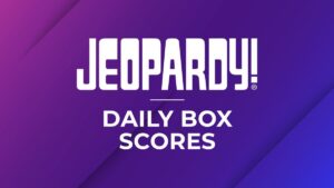 Jeopardy! logo and text that reads "Daily Box Scores" against a purple gradient background