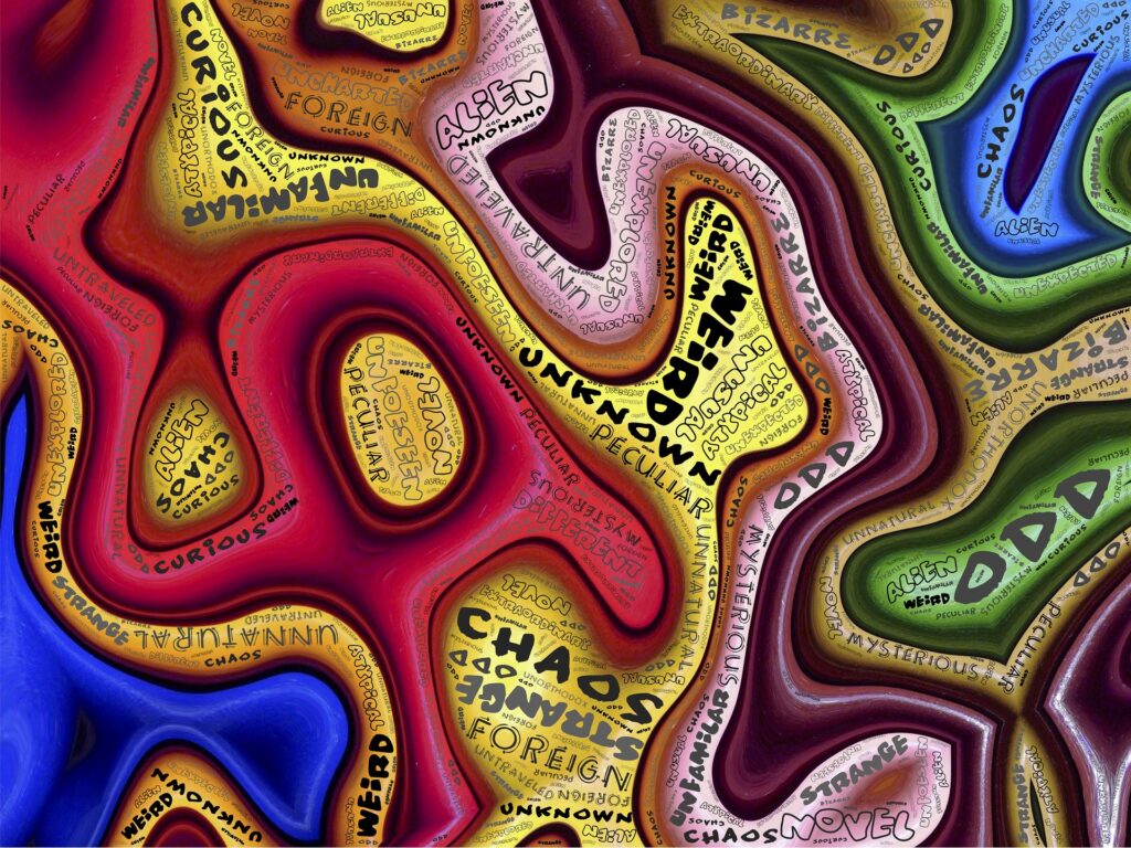 A colorful diagram of the inside of a brain processing weird and unusual thoughts and information.