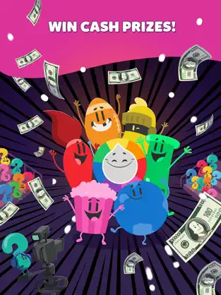 Win cash prizes! Trivia Crack Payday screen featuring Trivia Crack characters hugging and jumping, surrounded by money