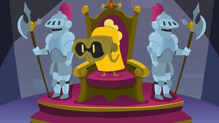 Hector, the golden knight character from Netflix's series Trivia Quest. He is sitting on a throne, looking through a pair of binoculars, flanked by two knights in armor. 
