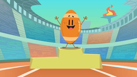 Football character from Netflix's Trivia Quest. Bonzo is standing on a first place platform in a sports arena. 