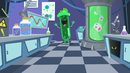 Albert, the green test tube character, from Netflix's Trivia Quest. Albert is excitedly standing in a laboratory with various experiments and charts around him. 