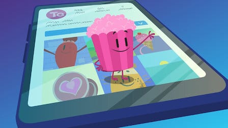 Pop, the pink popcorn character, from Netflix's Trivia Quest. Pop is standing on a smartphone, waving. 