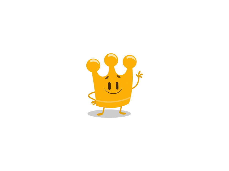 Smiling and waving golden crown character from Trivia Quest.