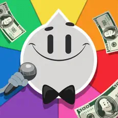 Trivia Crack logo of smiling wheel, wearing a bowtie and holding a microphone, surrounded by drawings of $100 bills.