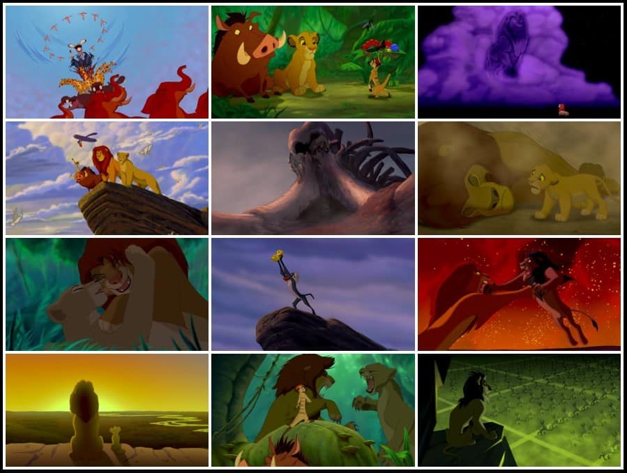 Grid featuring screenshots of various scenes from Disney's The Lion King