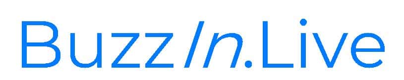 BuzzIn.Live logo, BuzzIn.Live text in a blue font