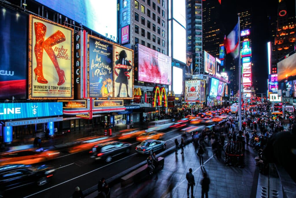 Photo of billboards on 42nd street at night