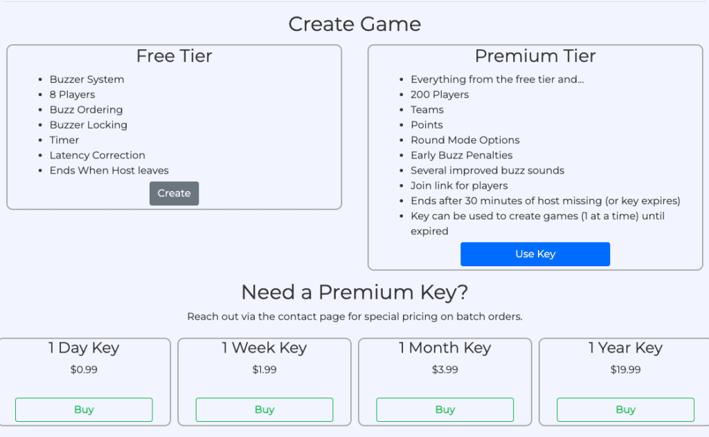 Create Game screen on BuzzIn.Live, outlining free tier and premium tier options, along with premium pricing options