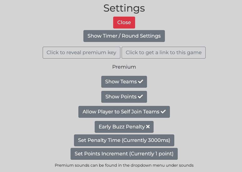 BuzzIn.Live Premium settings screen with options to show timer/round settings, show teams, show points, allow player to self join teams, early buzz penalty, set penalty time, and set points increment