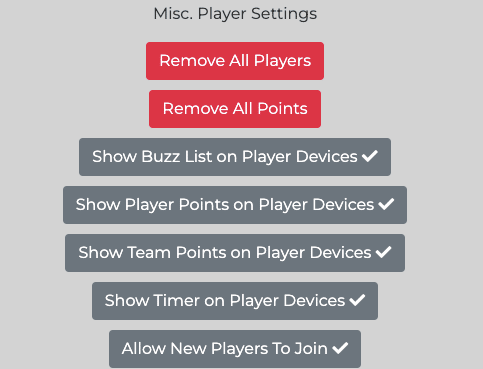 Screenshot from BuzzIn.Live Premium of misc. player settings including remove all players, remove all points, show buzz list on player devices, show player points on player devices, show team points on player devices, show timer on player devices, and allow new players to join