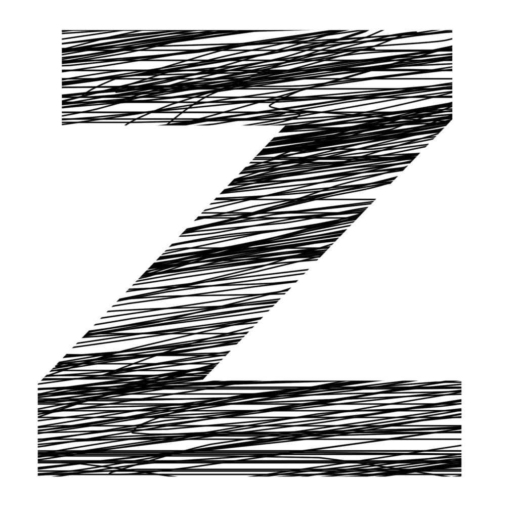 The letter "Z"E drawn in a scratchy-ink style. 