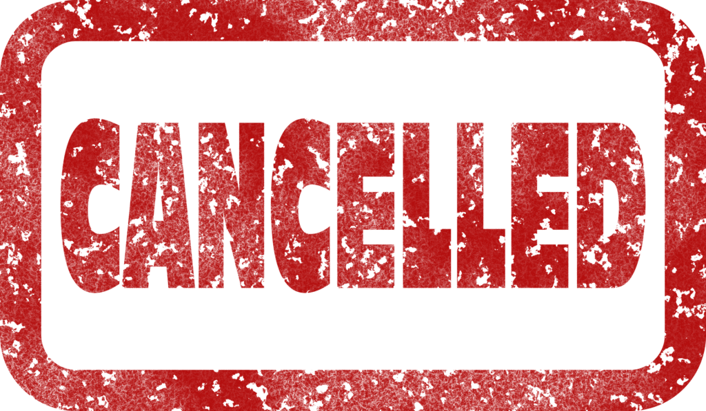 A red stamp that reads "CANCELLED"