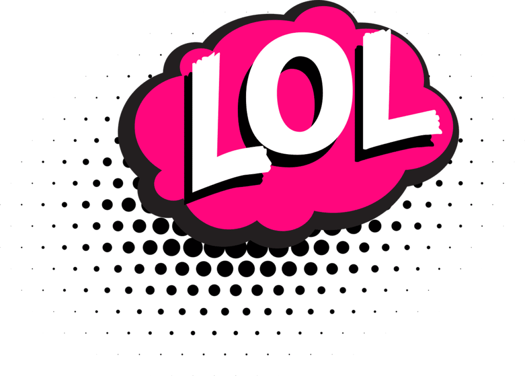 Vector illustration of the phrase "LOL" in a pink word balloon with black and white dot matrix behind it