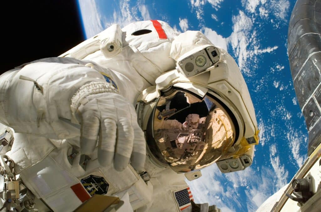 Close up of an astronaut floating in orbit