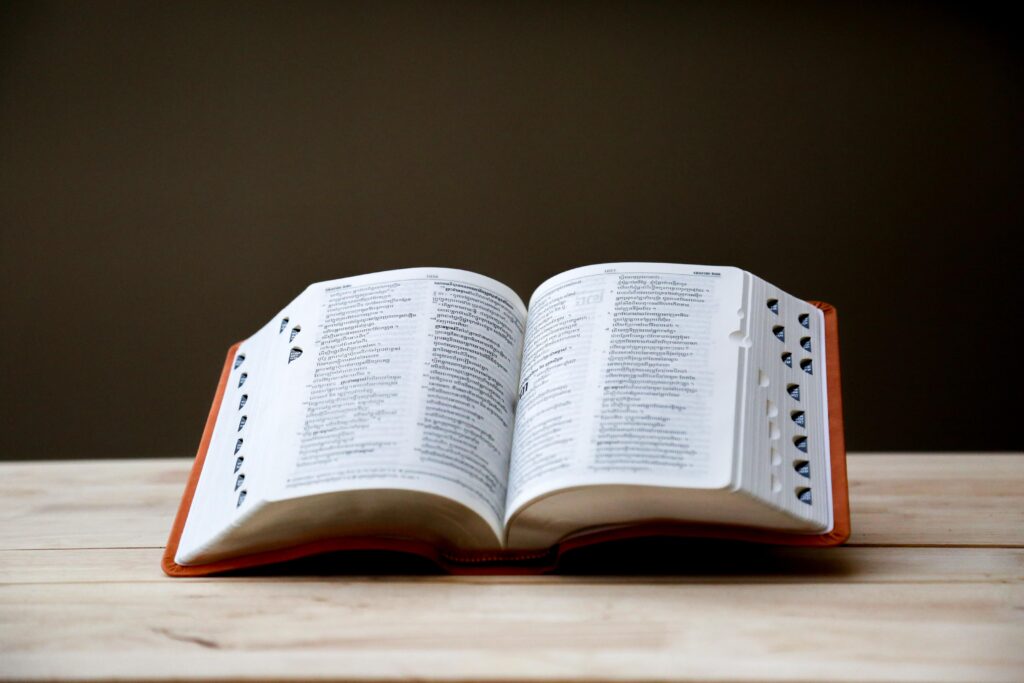 Photo of an open dictionary on a wooden plank