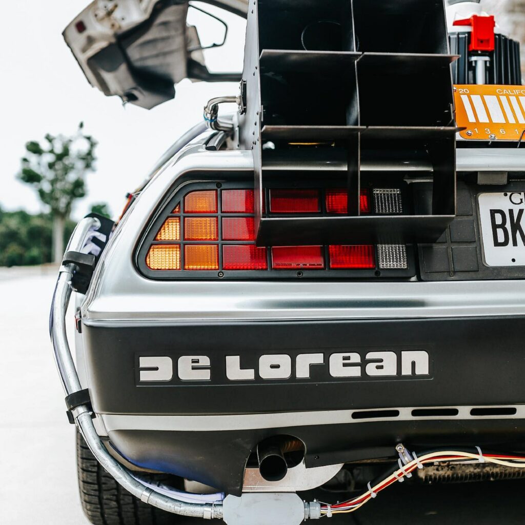 Close-up photo of the back of a DeLorean car. 