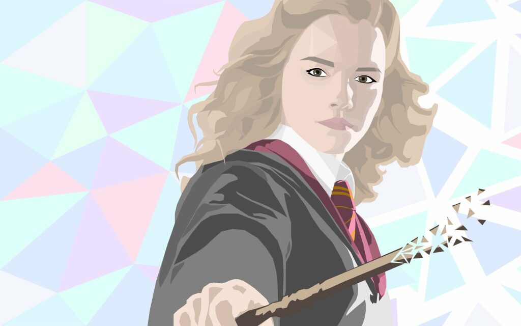 Illustration of Hermione Granger from Harry Potter against a colorful pastel background. 